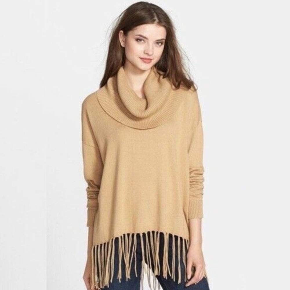 MICHAEL Michael Kors Camel Brown Fringe Hem Turtle/Cowl Neck Sweater Large